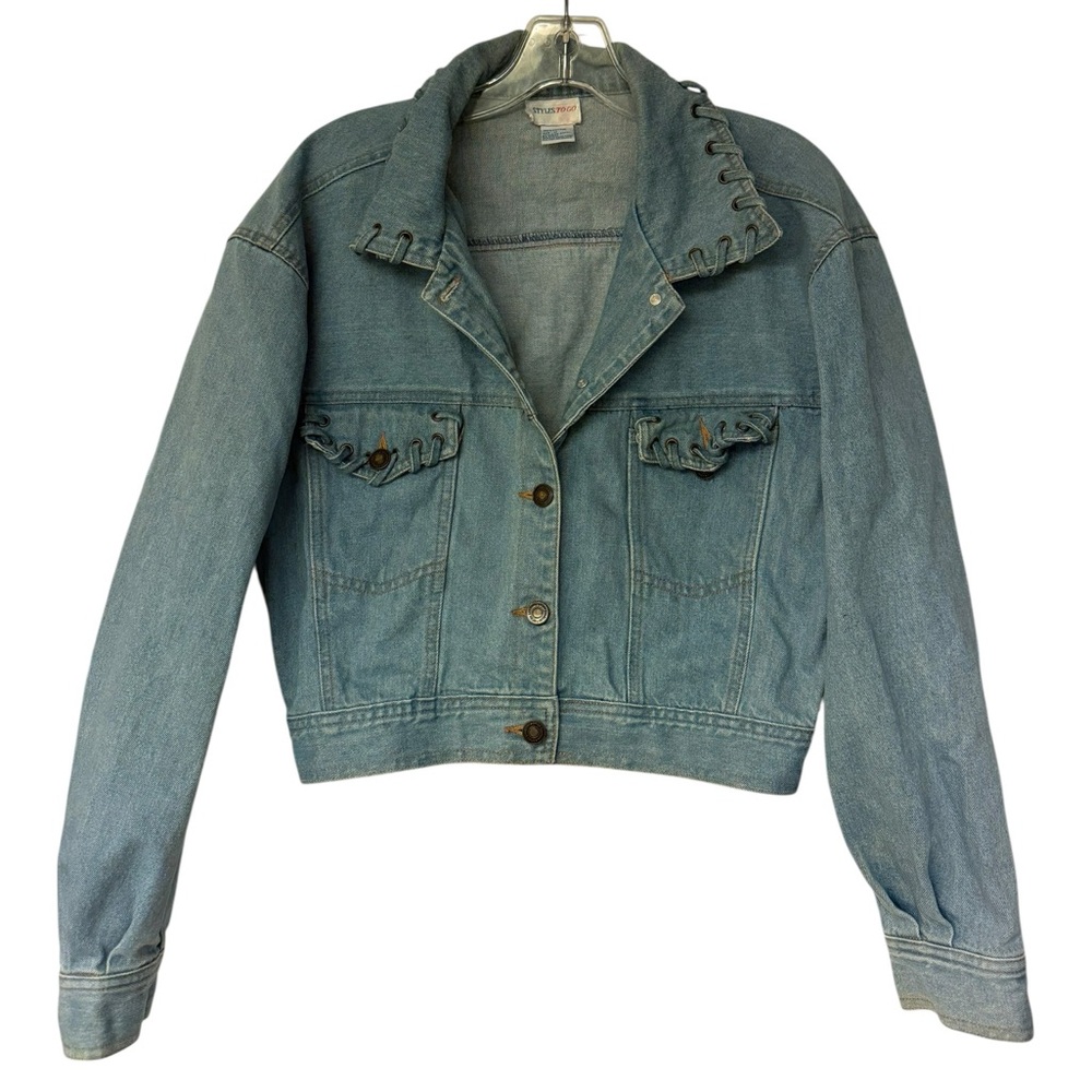 Vintage Styles To Go Denim Jean Jacket Ruffle Pockets Lace-Up Collar